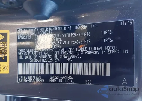 2016 Toyota Highlander Le Plus V6 z USA, uszkodzony, nr VIN 5TDBKRFH2GS251274